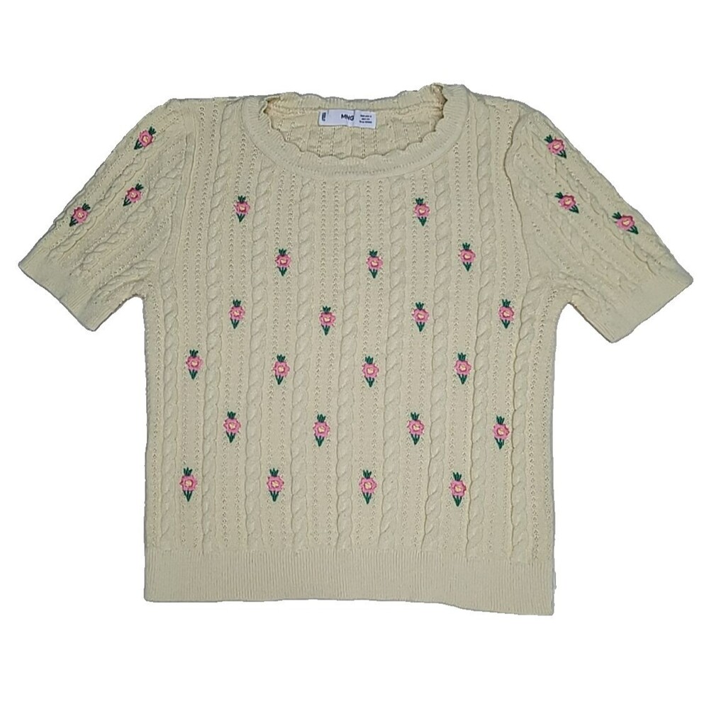 Mango MNG Yellow Knit w/ Roses Short‎ Sleeve Crew Neck Size Small Sweater